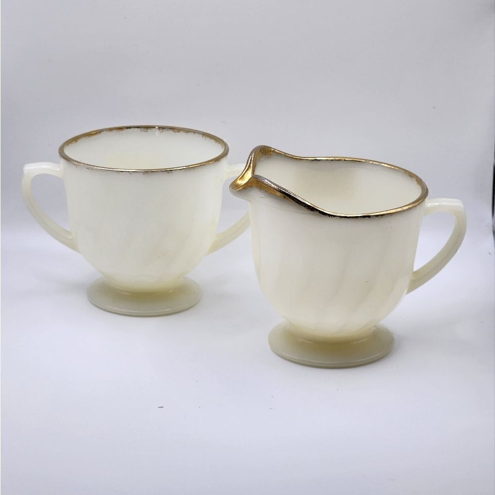 Fire-King Oven Ware Milk Glass Swirl Sugar Bowl & Creamer Gold Trim made in USA